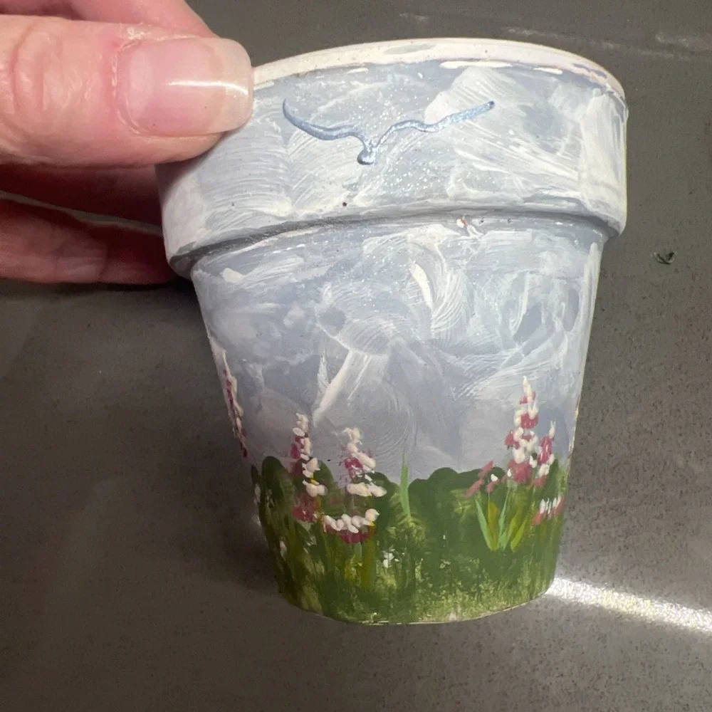 Set of 2 Small Hand Painted Plant Flower Pots With Bunnies